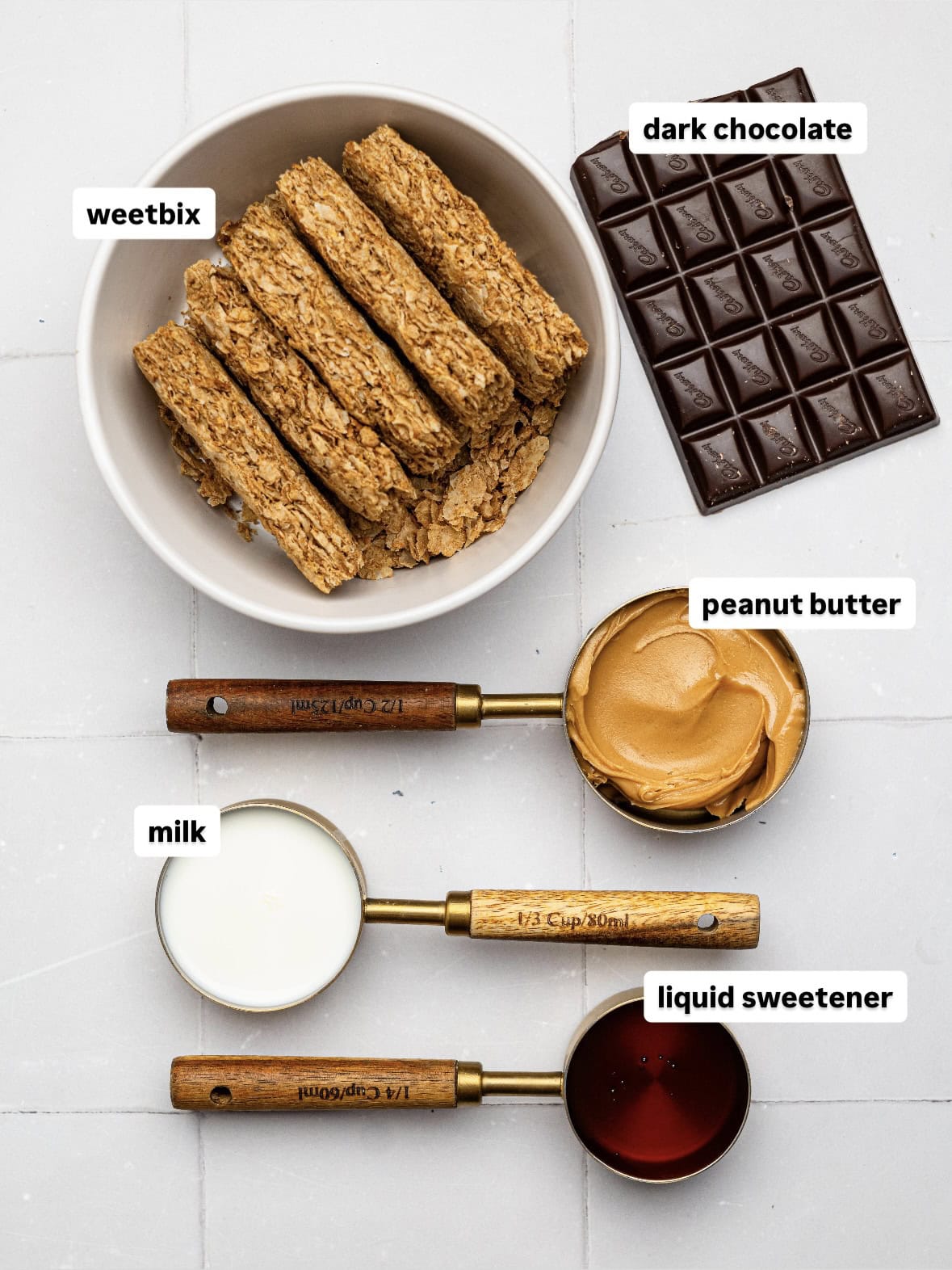 Ingredients needed to make peanut butter weetbix cups.