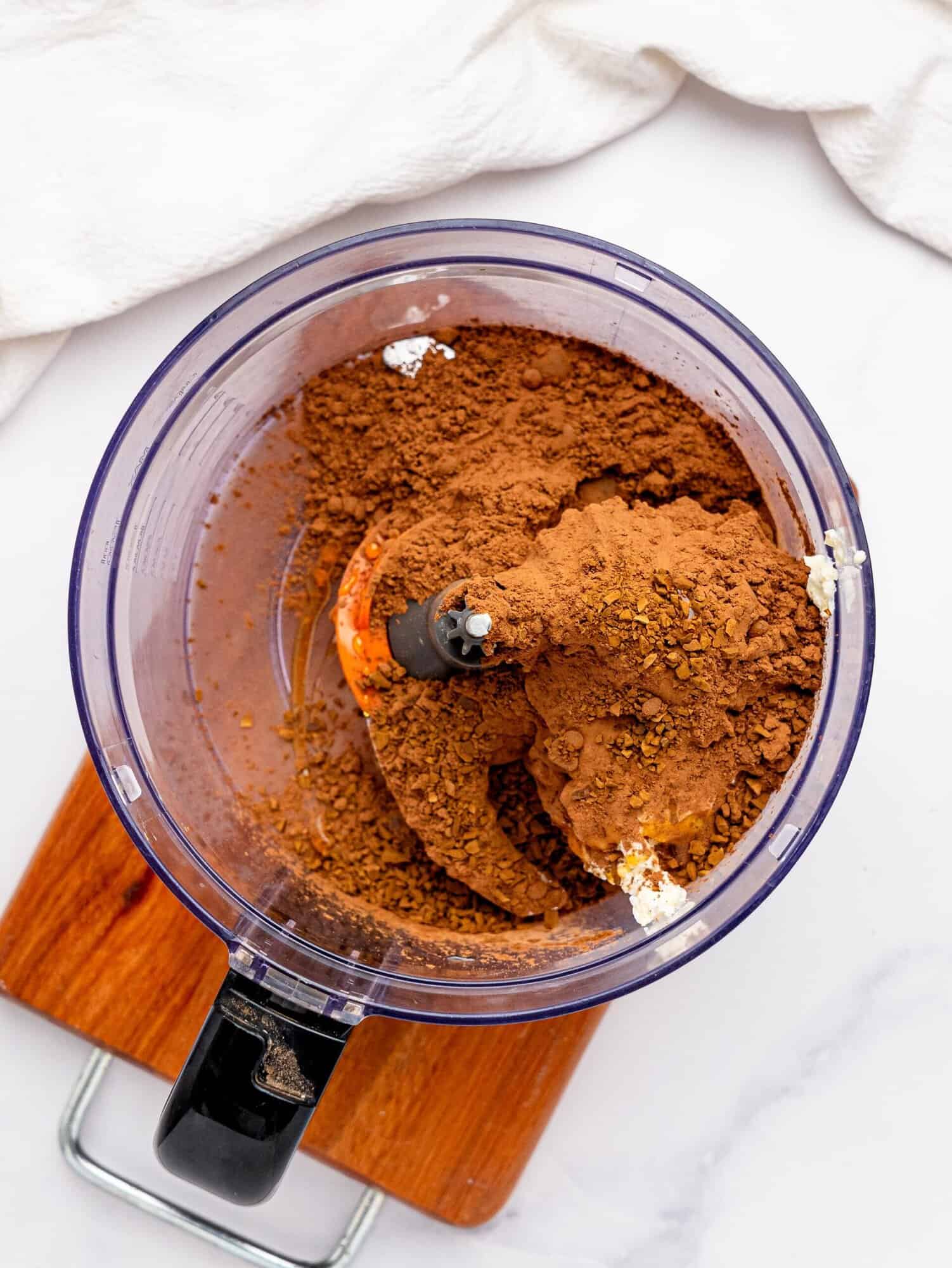 Cottage Cheese Mocha mousse ingredients in a food processor before blending.