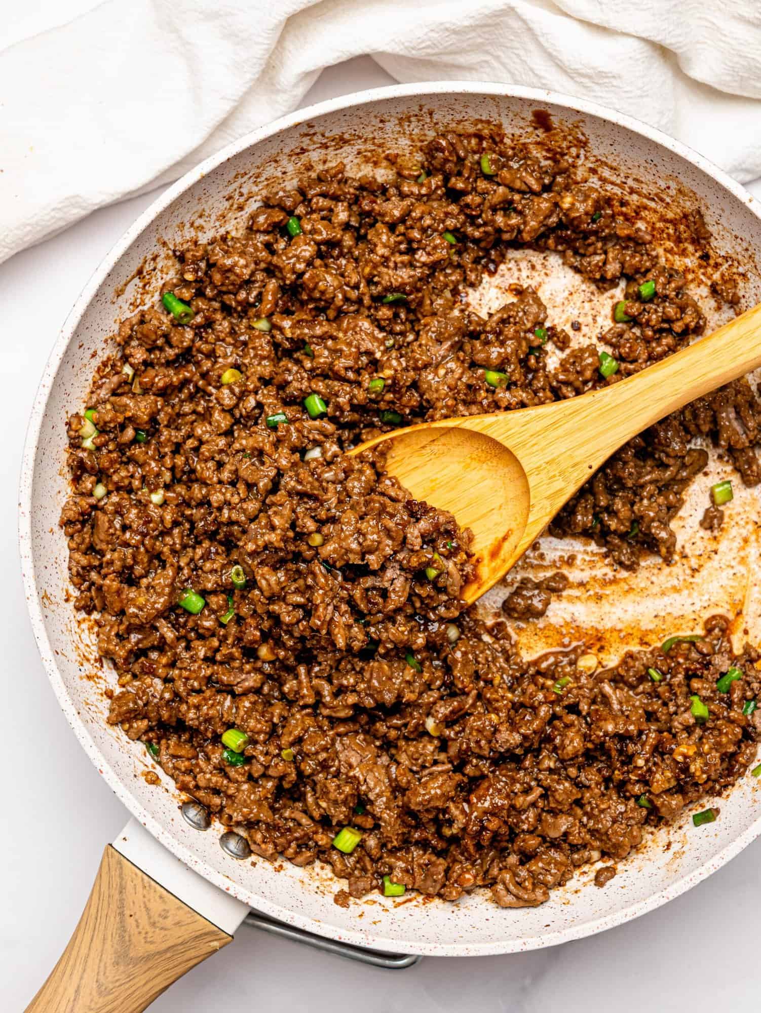 Teriyaki beef in a frying pan.
