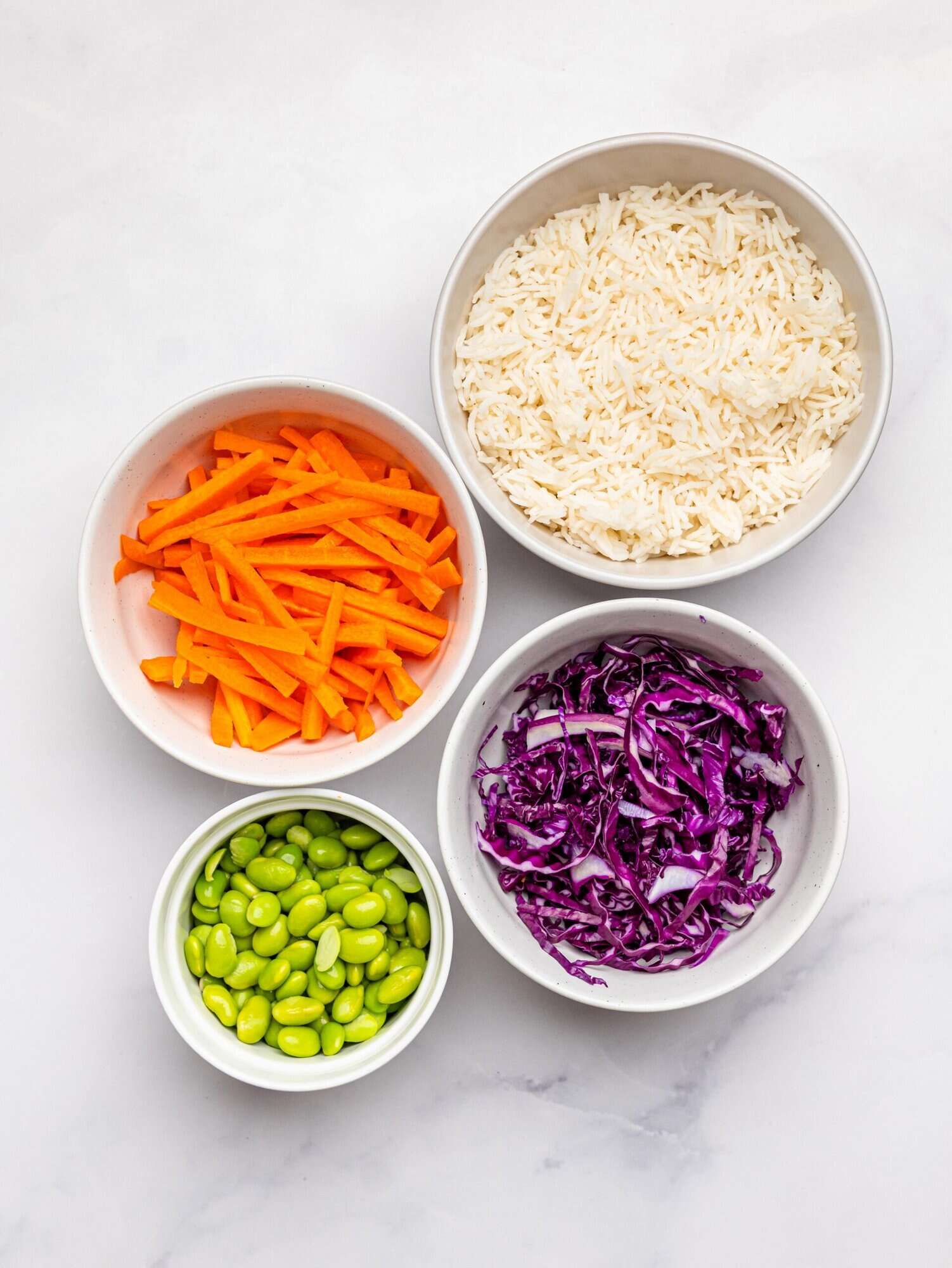Rice and vegetables prepped and ready to go into the teriyaki beef bowls.