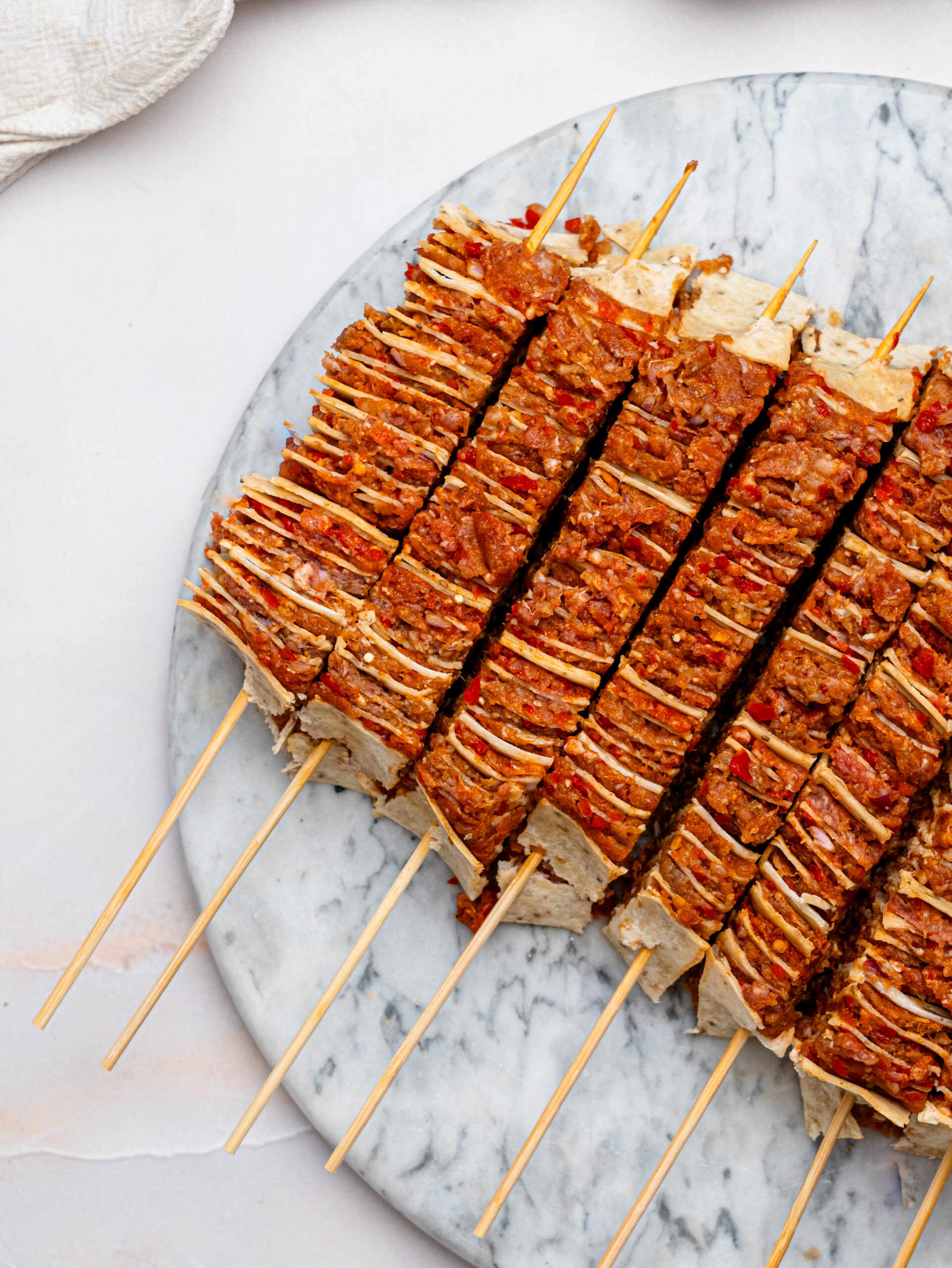 Sliced tortilla kebab skewers.