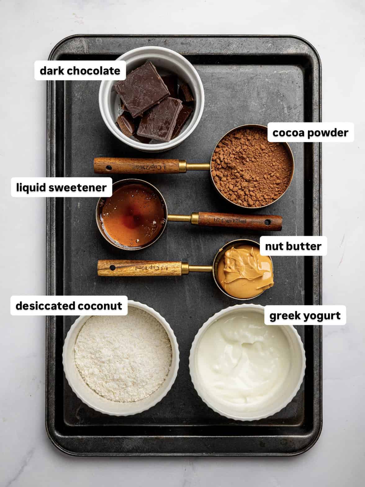 Ingredients needed to make bounty brownie cups.