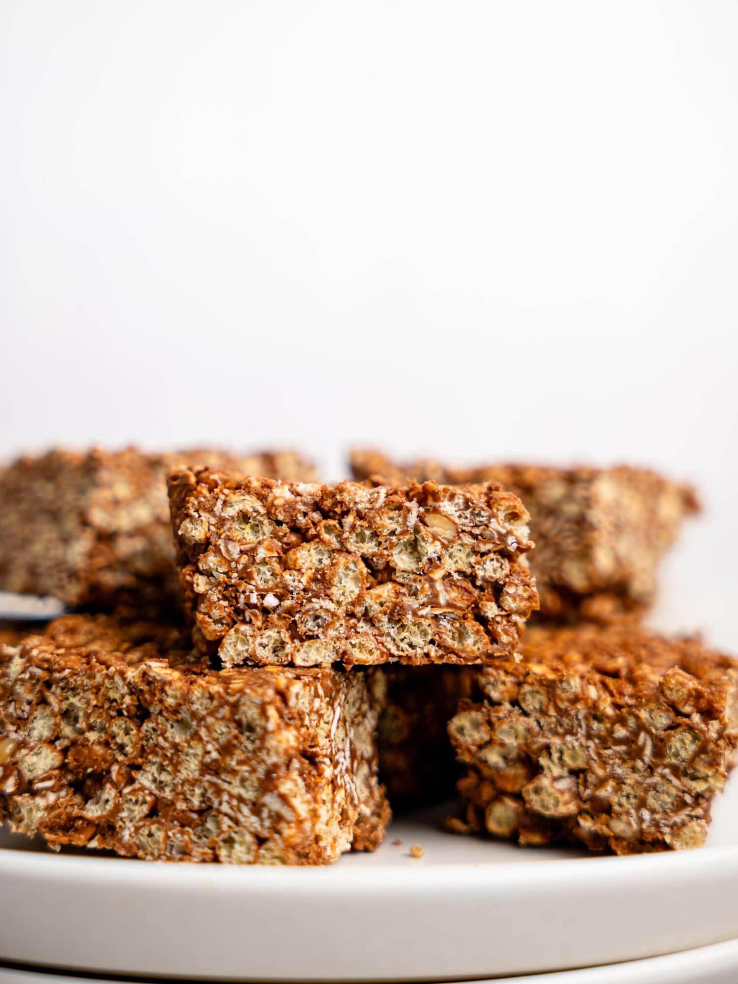 Healthy Rice Krispie Squares on a white plate.