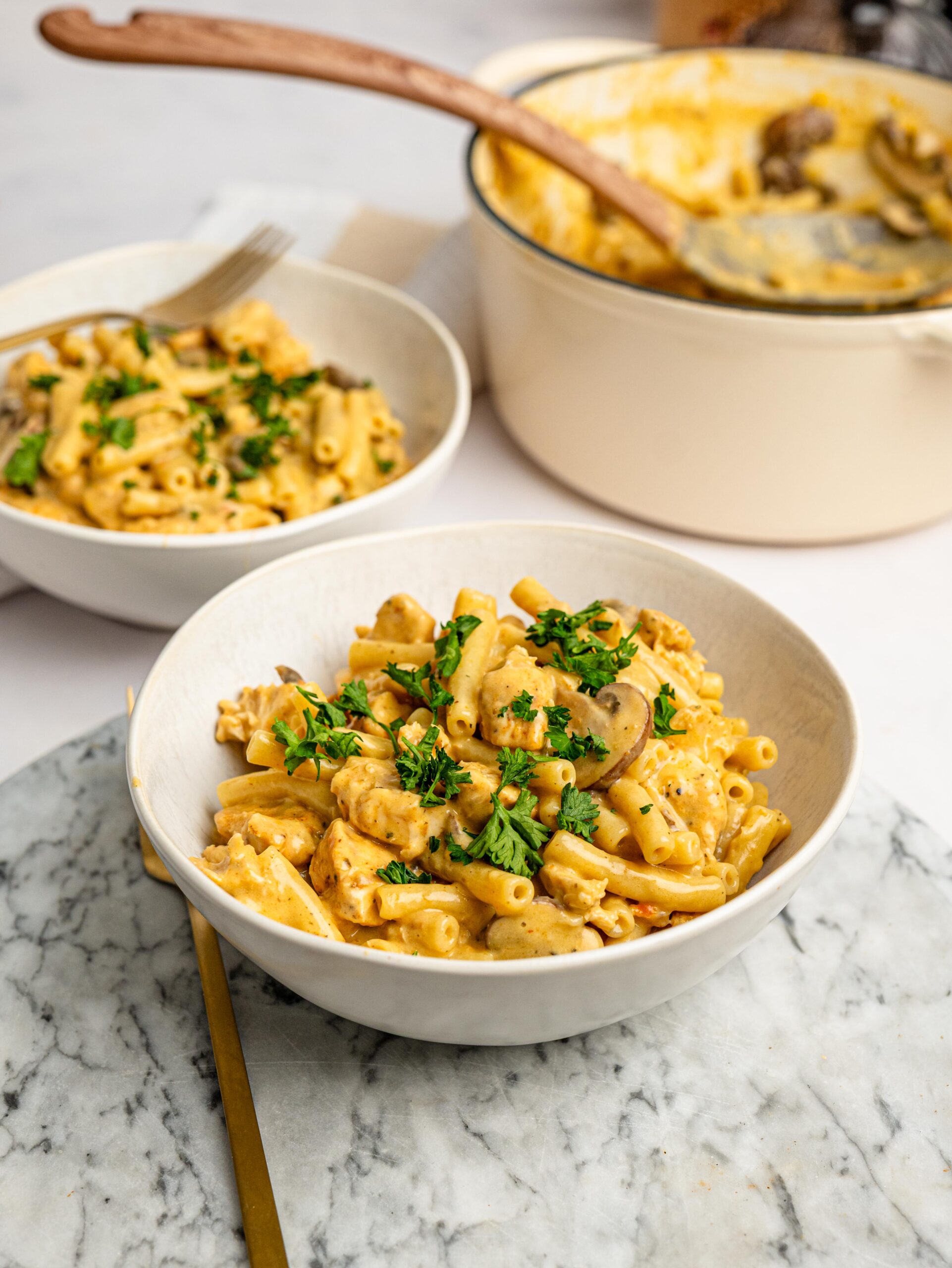 Creamy one pot chicken pasta served with mushrooms and a cheesy sauce.