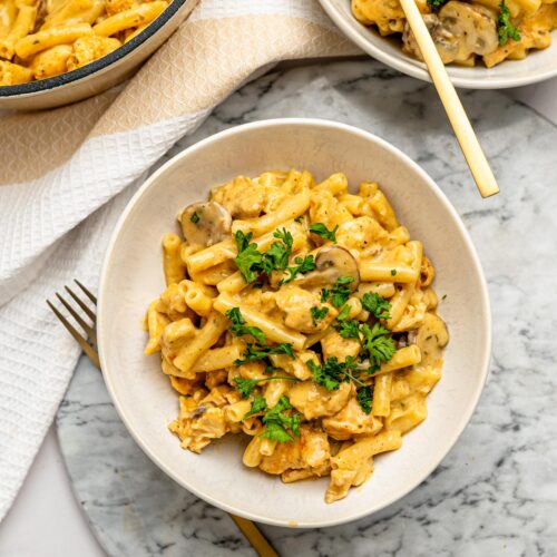 Overhead view of one pot mac and cheese with chicken and mushrooms.