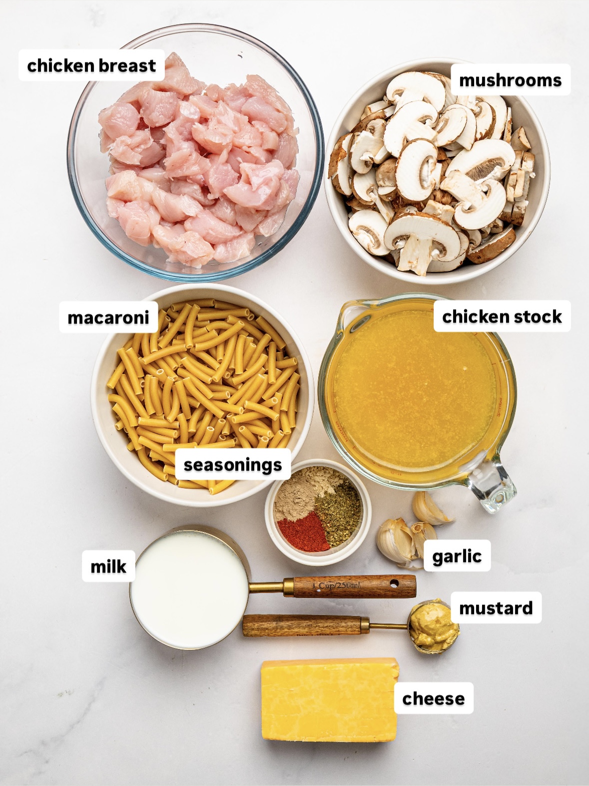 Ingredients for one pot chicken mac and cheese including chicken breast, macaroni, mushrooms, cheese, milk, chicken stock, garlic, mustard, and seasonings.