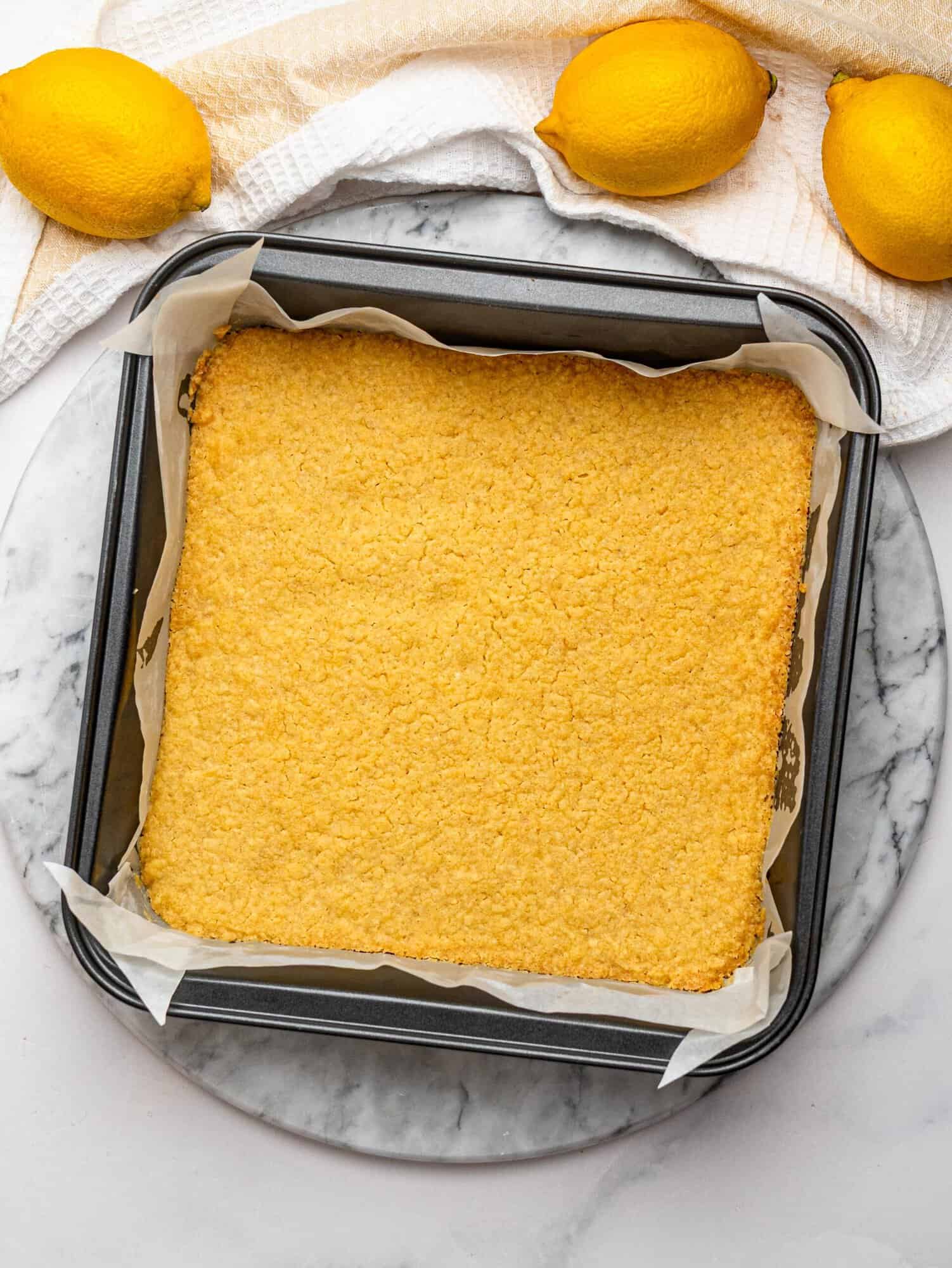 Baked shortbread crust for gluten free lemon bars.
