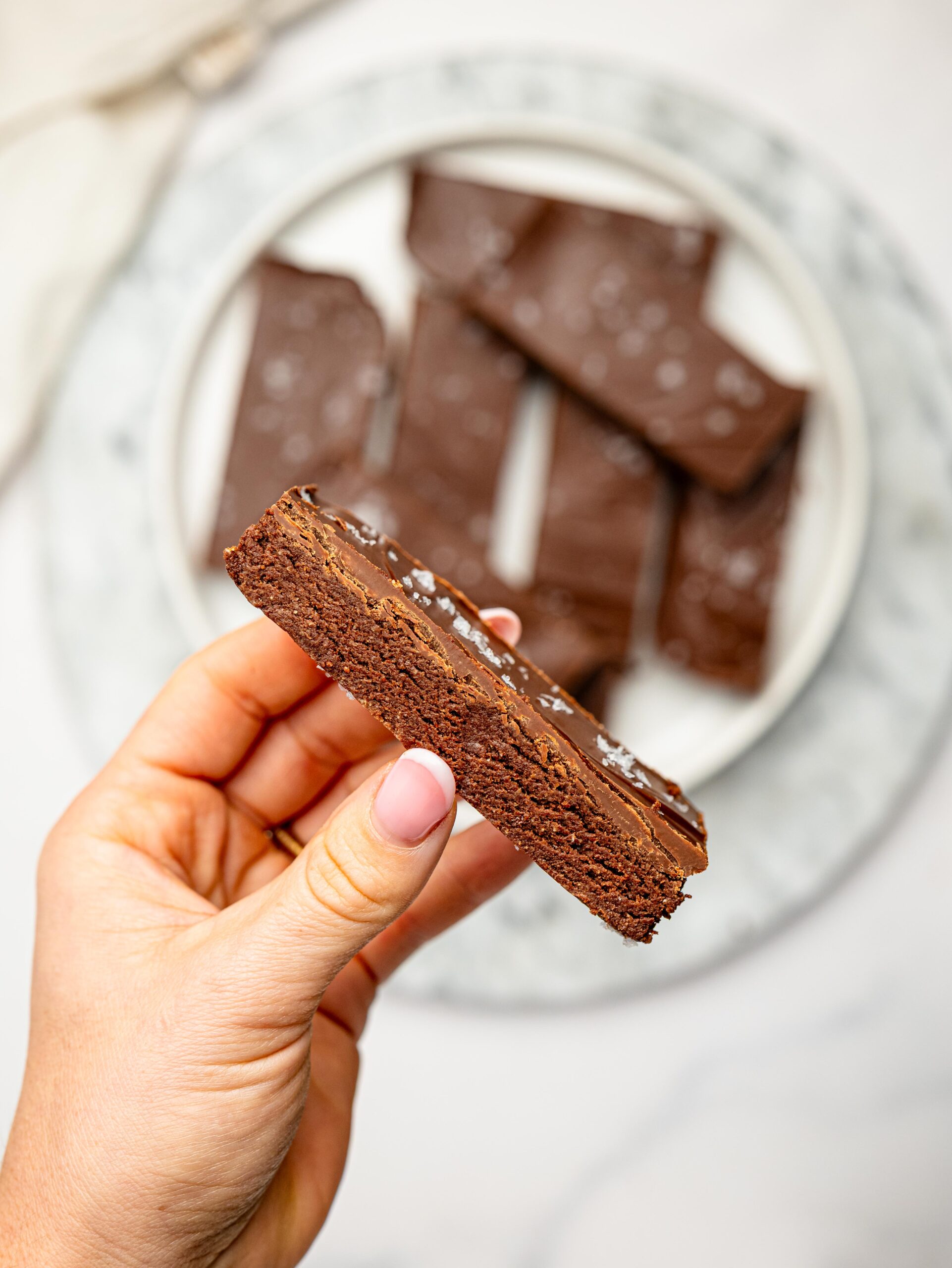 Hand holding a thick homemade chocolate protein bar showing its dense fudgy texture.