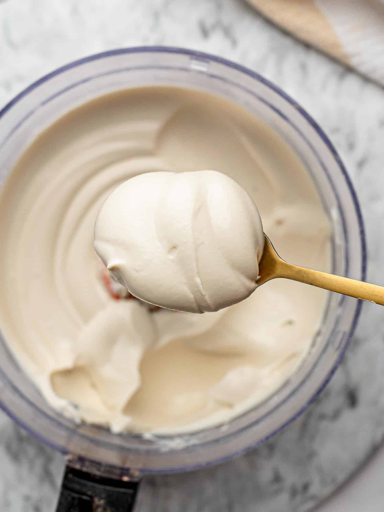 Spoonful of thick and creamy protein pudding.