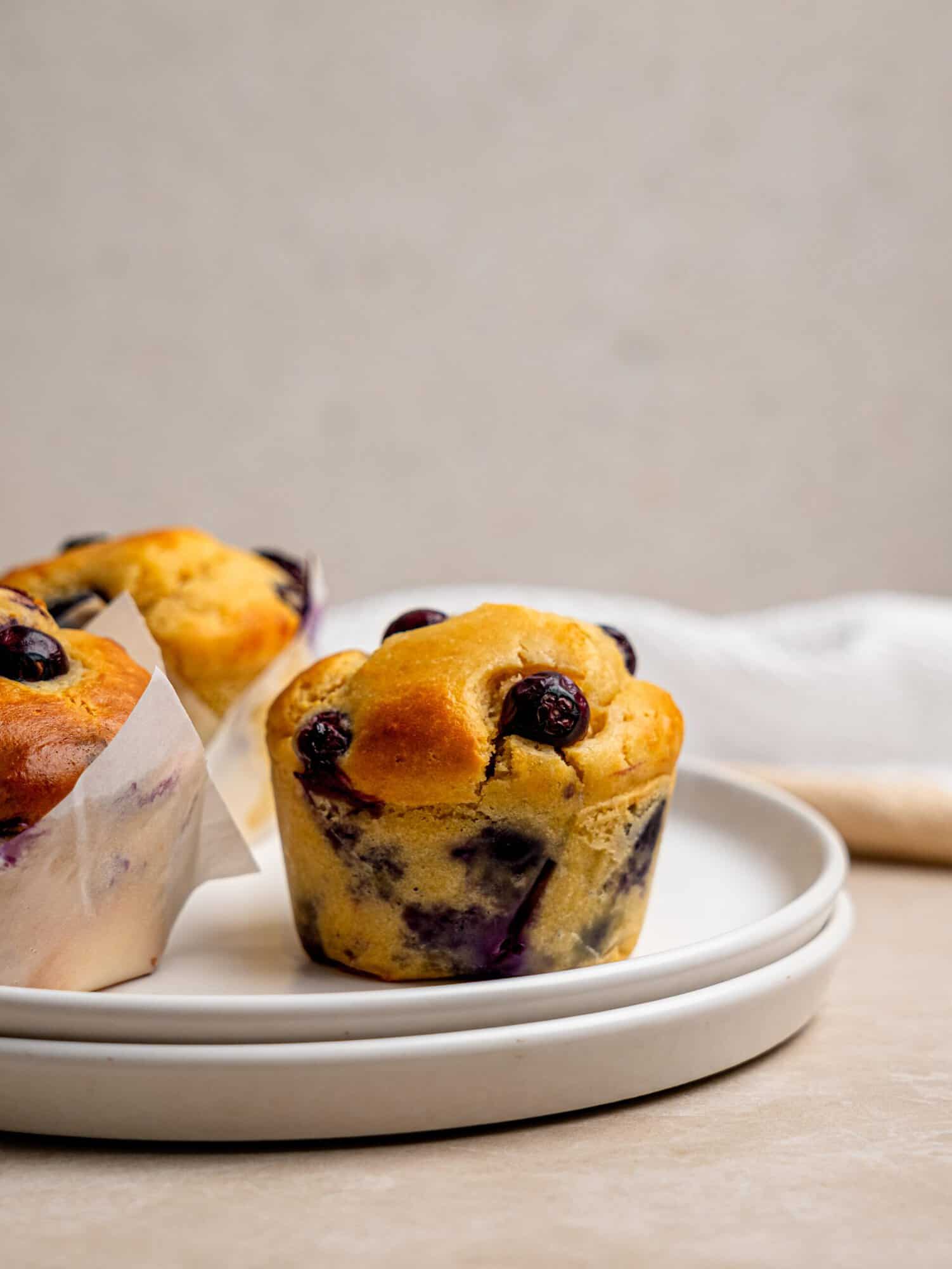 Golden healthy blueberry muffins served on a white plate with fresh blueberries throughout.