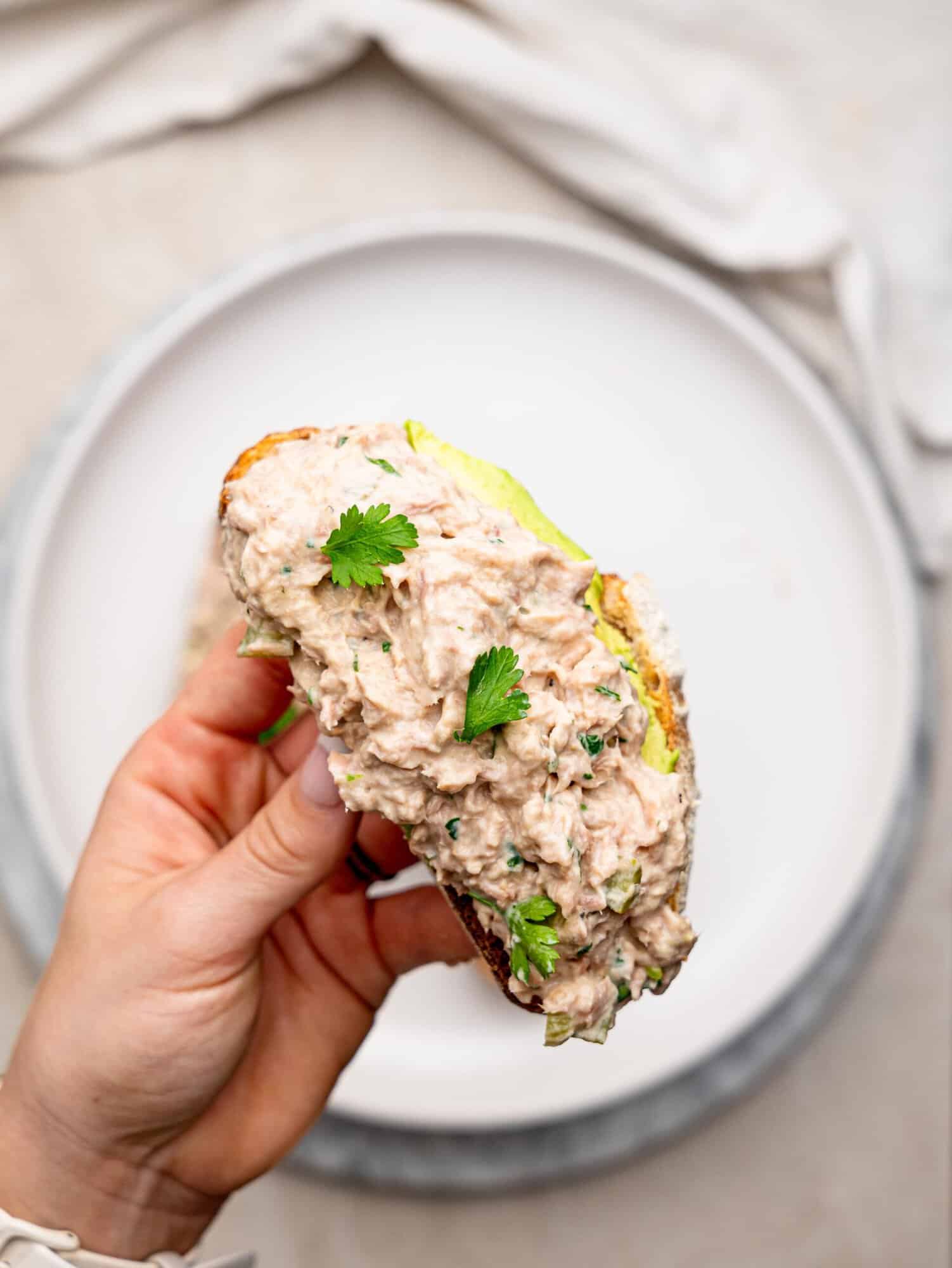 High protein tuna salad piled onto toasted bread with avocado and fresh parsley, held in one hand.